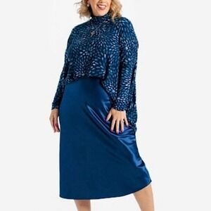 LULAROE AUTUMN SATIN MIDI SKIRT NAVY Blue WOMEN Size MEDIUM NEW